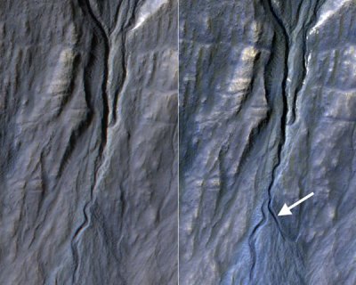 A camera on a NASA orbiter spotted a new channel formed on a Martian slope between 2010-2013. Image: NASA/California Institute of Technology/University of Arizona. 